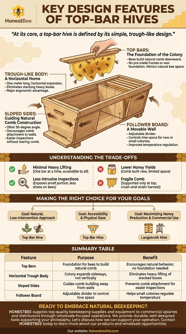What are the key design features of top-bar hives? A Guide to Natural, Low-Impact Beekeeping Visual Guide