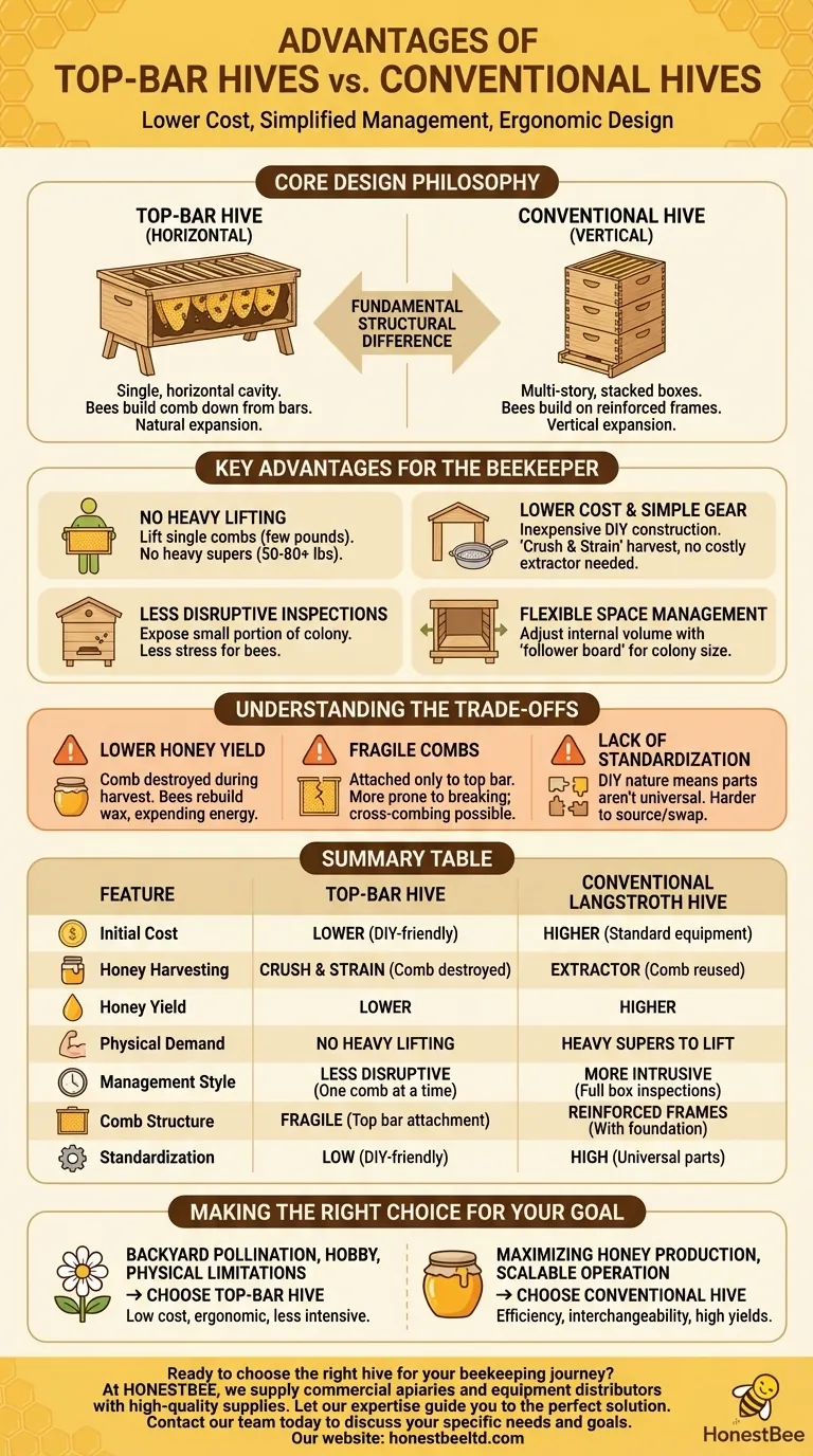 What are the advantages of top-bar hives compared to conventional hives? Discover a simpler, more ergonomic approach to beekeeping. Visual Guide