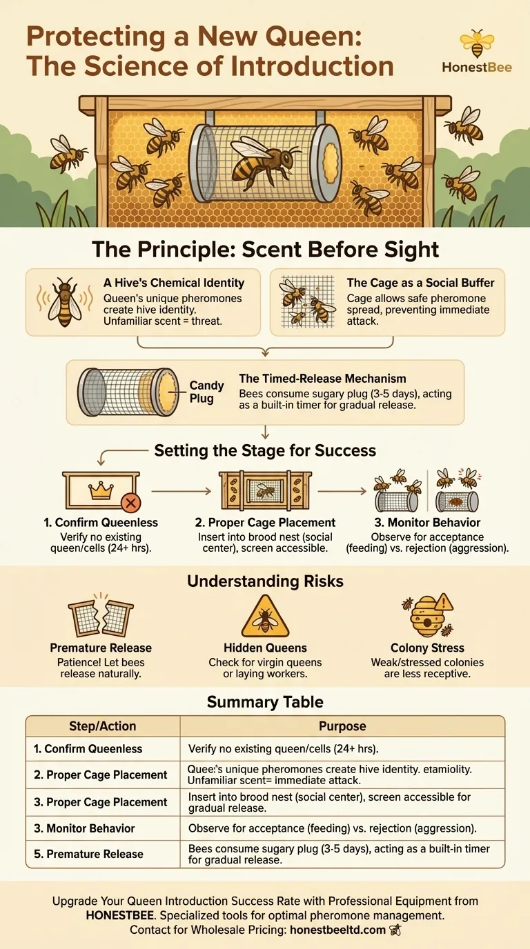 How do beekeepers protect a new queen during introduction? Ensure a Safe and Successful Hive Transition Visual Guide