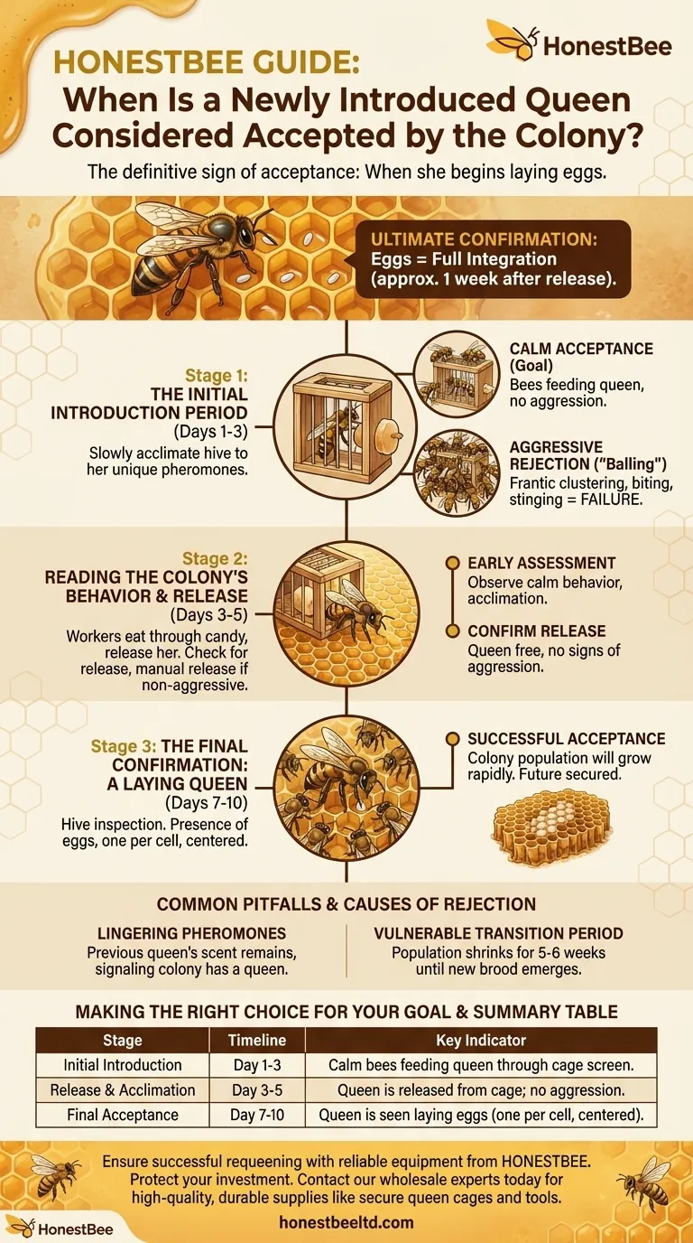 Quando una regina appena introdotta è considerata accettata dalla colonia? Il segno definitivo che devi vedere Guida Visiva