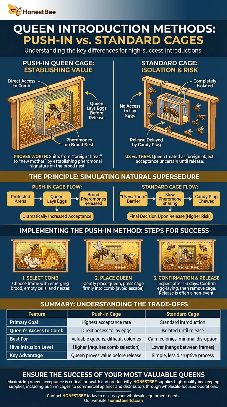 ما هو قفص الملكة ذو الدفع للداخل وكيف يختلف عن الأقفاص القياسية؟ تحقيق معدلات قبول أعلى للملكة دليل مرئي