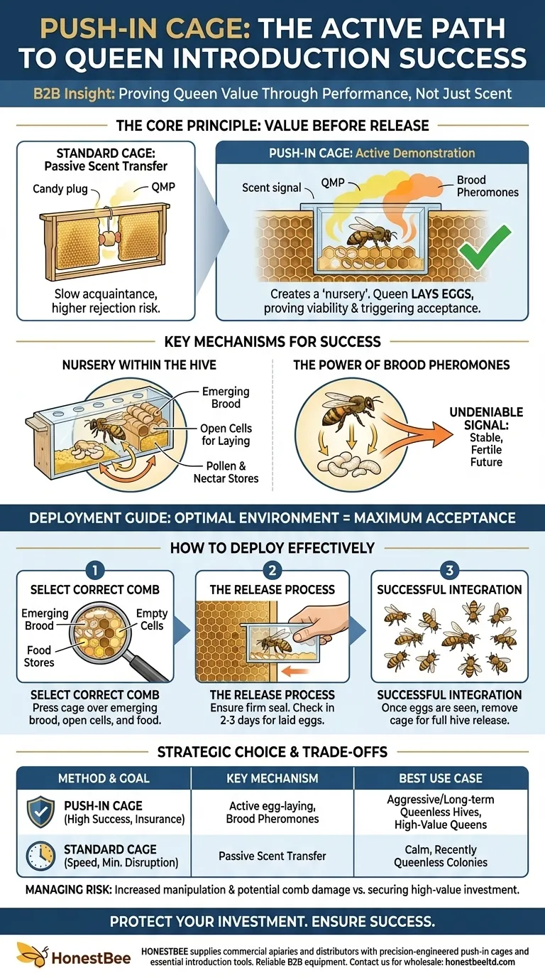 كيف يحسّن قفص الدفع (Push-in cage) نجاح إدخال الملكة؟ عزز القبول من خلال إظهار الملكة النشط دليل مرئي