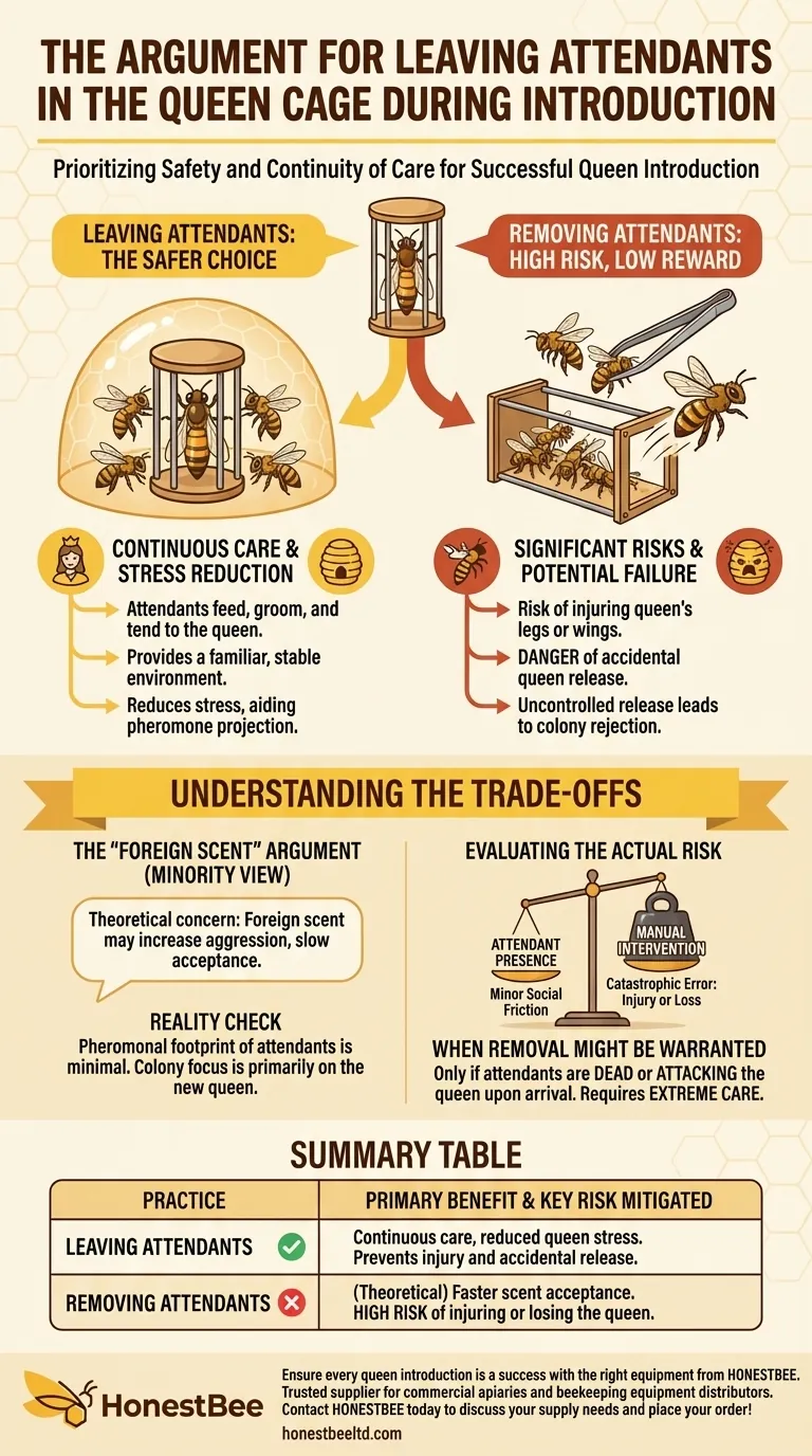 여왕벌 도입 시 동반벌을 여왕벌 케이지에 남겨두는 것에 대한 주장은 무엇입니까? 안전하고 성공적인 여왕벌 도입을 보장합니다 시각적 가이드