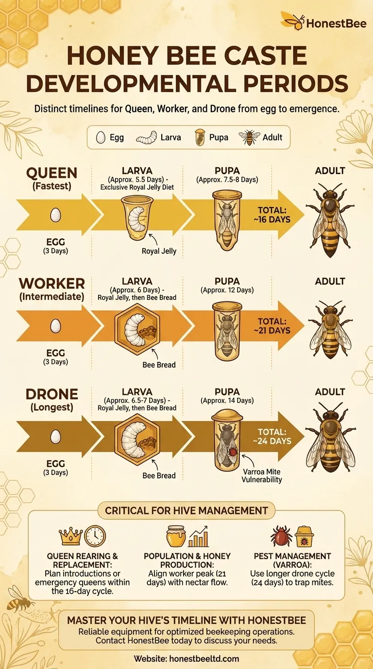 Quali sono i periodi di sviluppo per le diverse caste di api? Padroneggia le tempistiche di 16, 21 e 24 giorni per il successo dell'alveare Guida Visiva