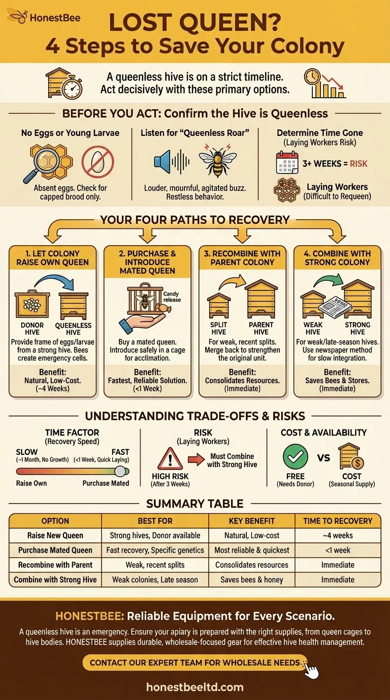 What steps should be taken if a queen is lost? Save Your Queenless Hive Now Visual Guide