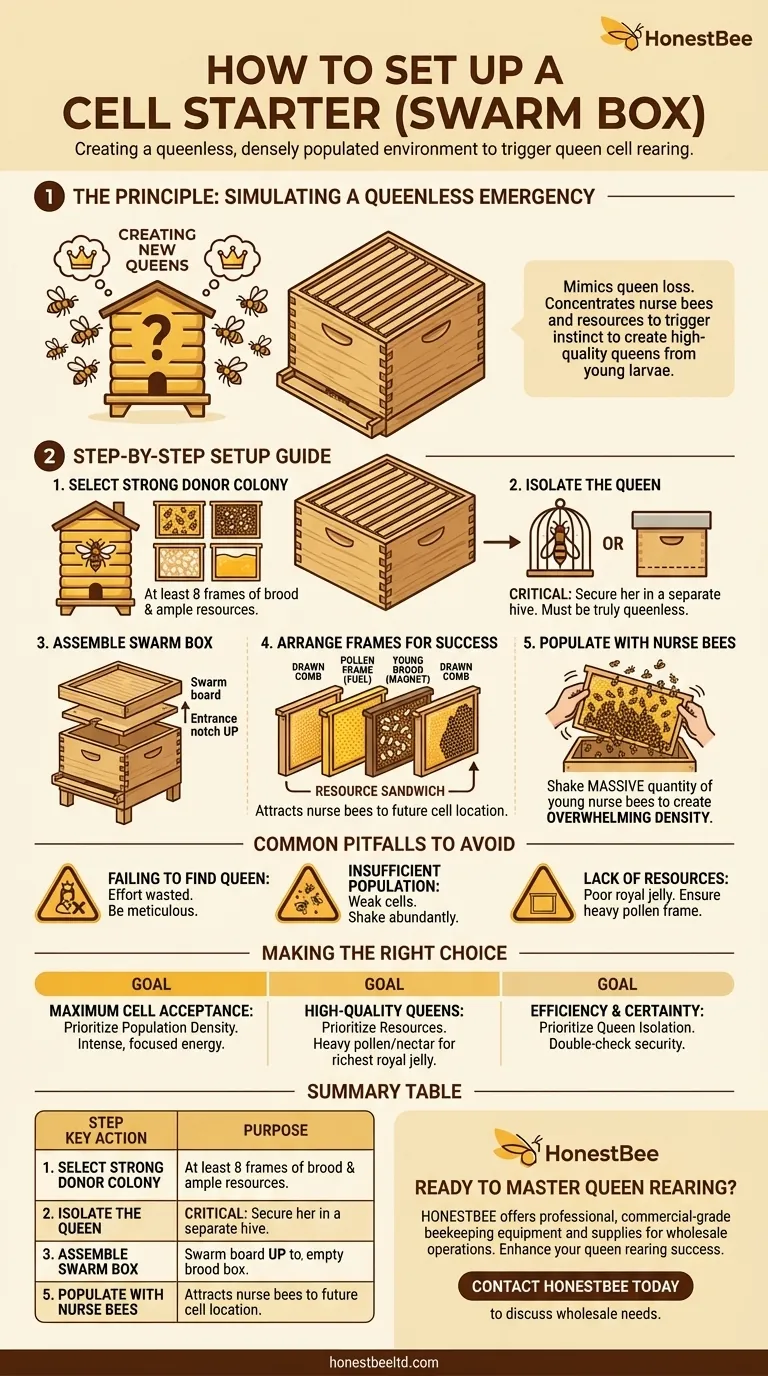 How should the cell starter (swarm box) be set up? A Step-by-Step Guide to Queen Rearing Visual Guide