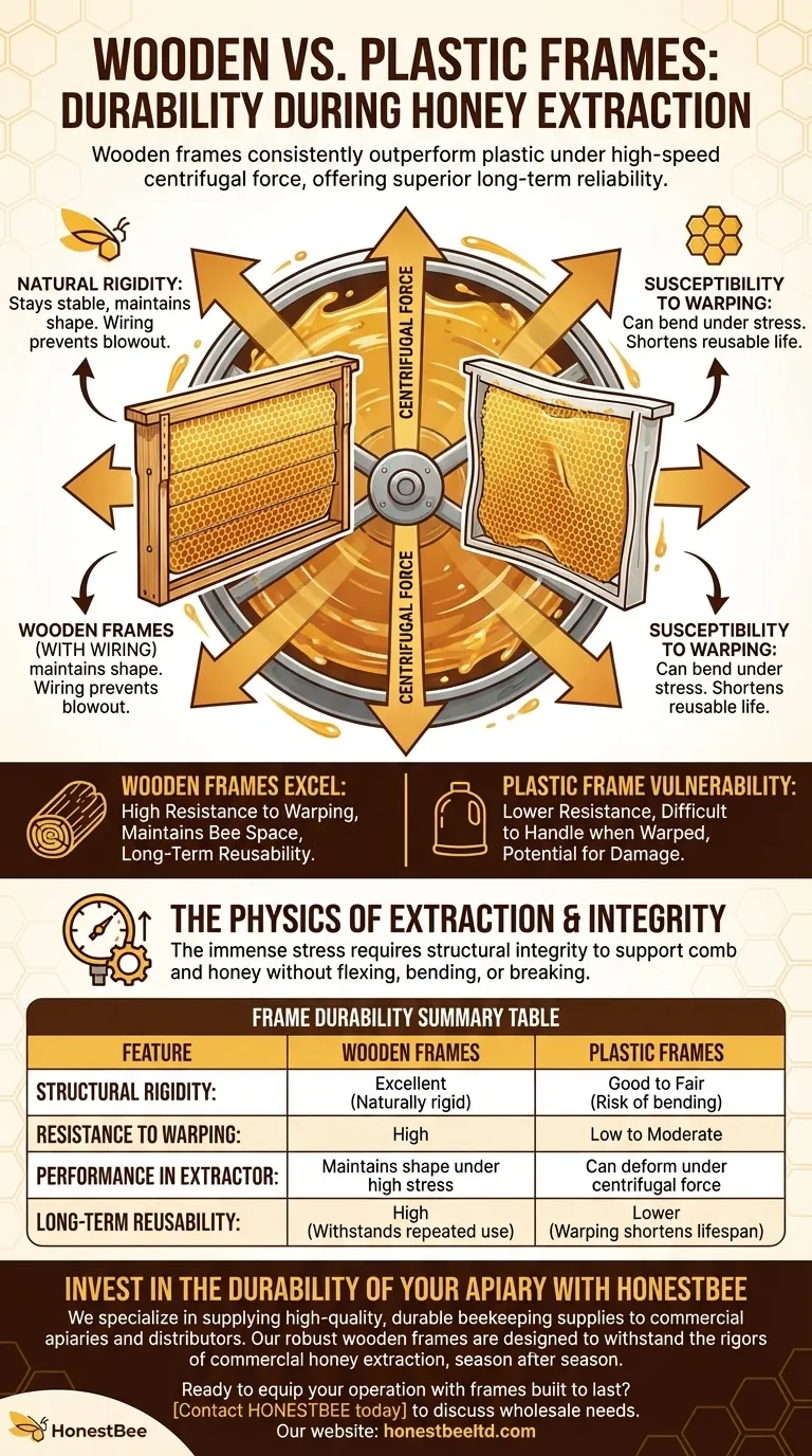 How do wooden and plastic frames compare in durability during honey extraction? Wooden Frames Offer Superior Longevity Visual Guide