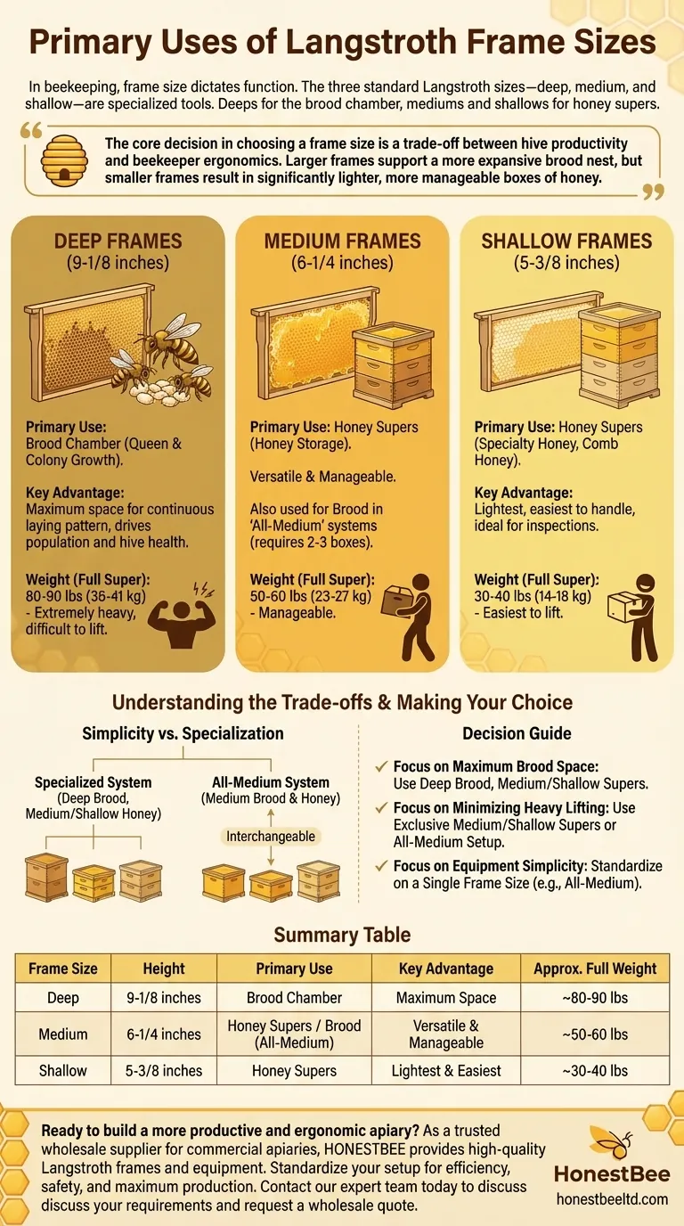 What are the primary uses of different Langstroth frame sizes? Optimize Your Hive for Health & Honey Visual Guide