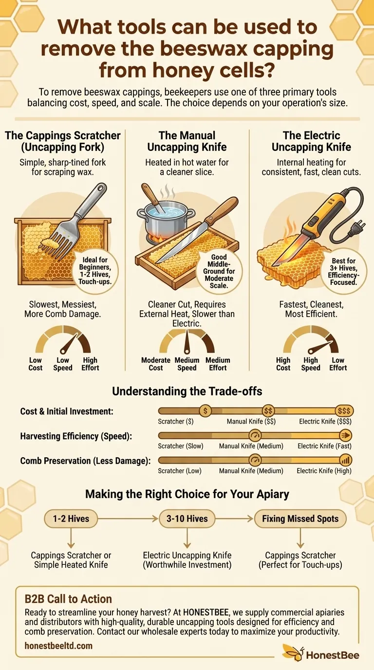 What tools can be used to remove the beeswax capping from honey cells? Choose the Right Tool for Your Harvest Scale Visual Guide