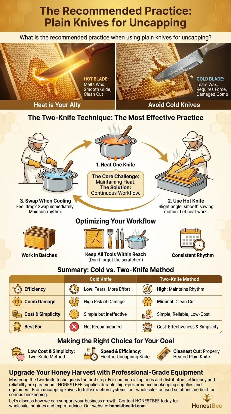 What is the recommended practice when using plain knives for uncapping? Master the Two-Knife Method for a Perfect Harvest Visual Guide