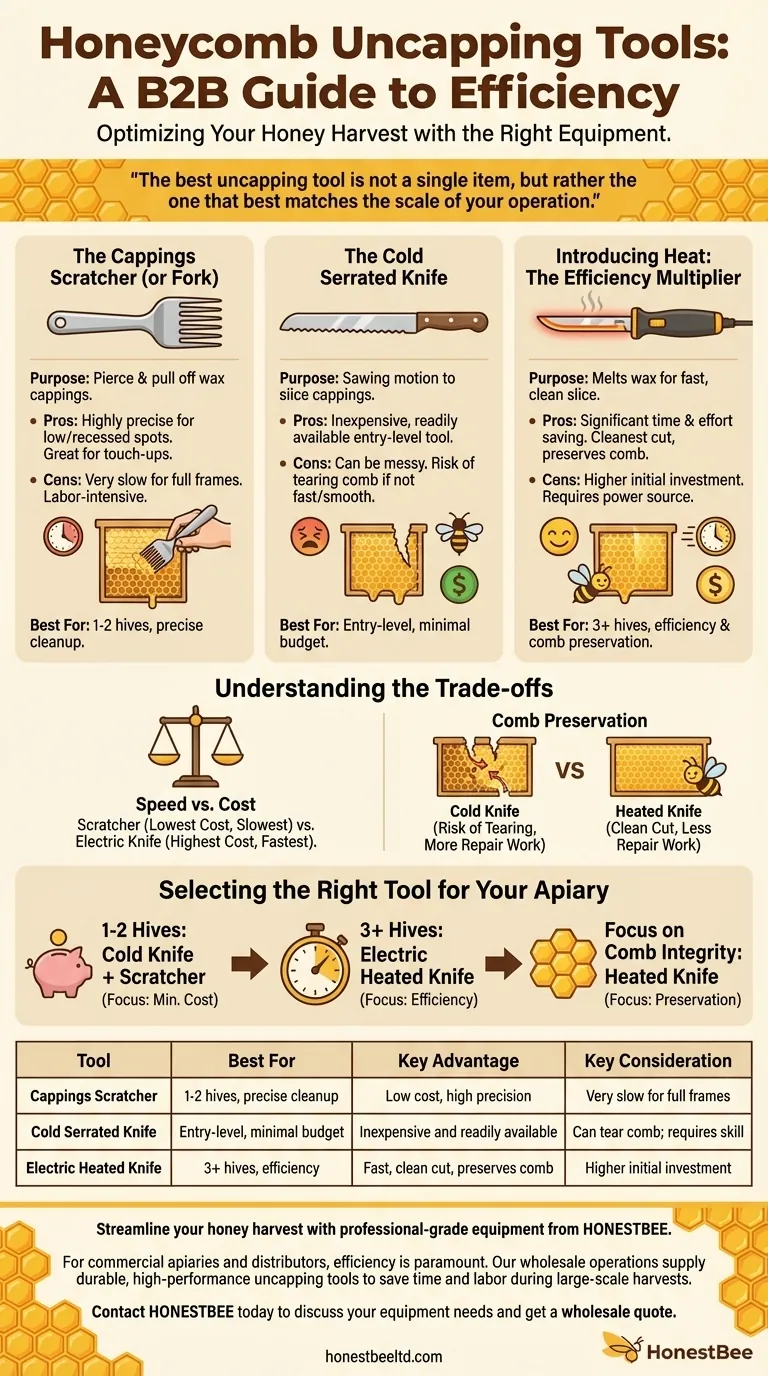 What are some tools that can be used to remove wax cappings from honeycomb? Choose the Right Tool for Your Harvest Scale Visual Guide