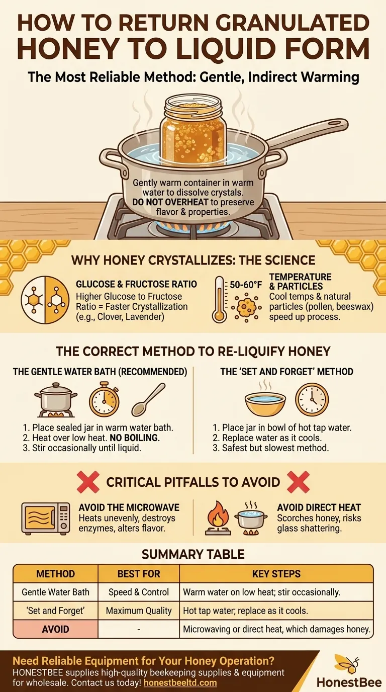 How can granulated honey be returned to its liquid form? Restore Your Honey with Gentle Heat Visual Guide