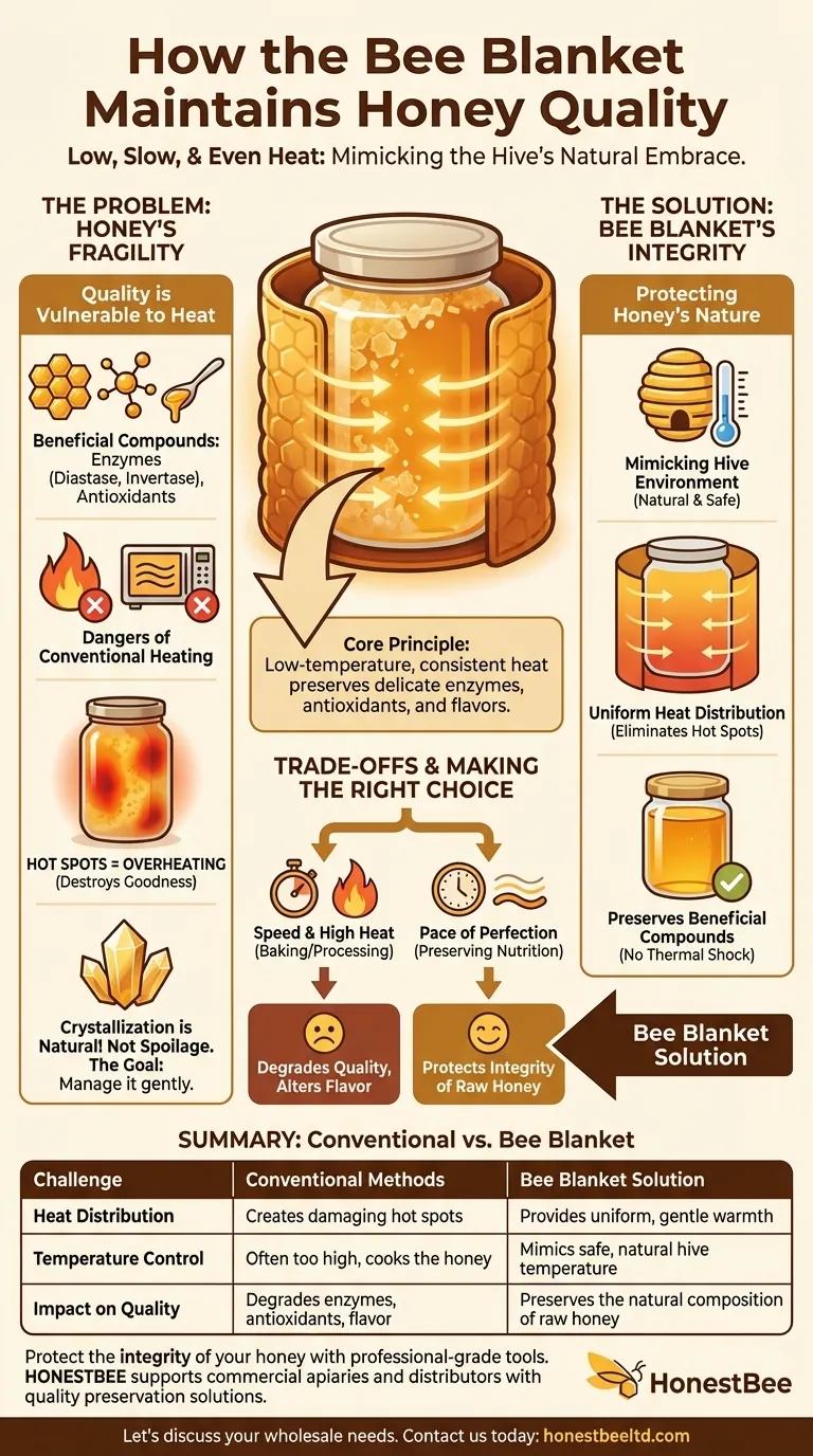 How does the Bee Blanket help maintain honey quality? Preserve Enzymes with Gentle Hive-Mimicking Heat Visual Guide