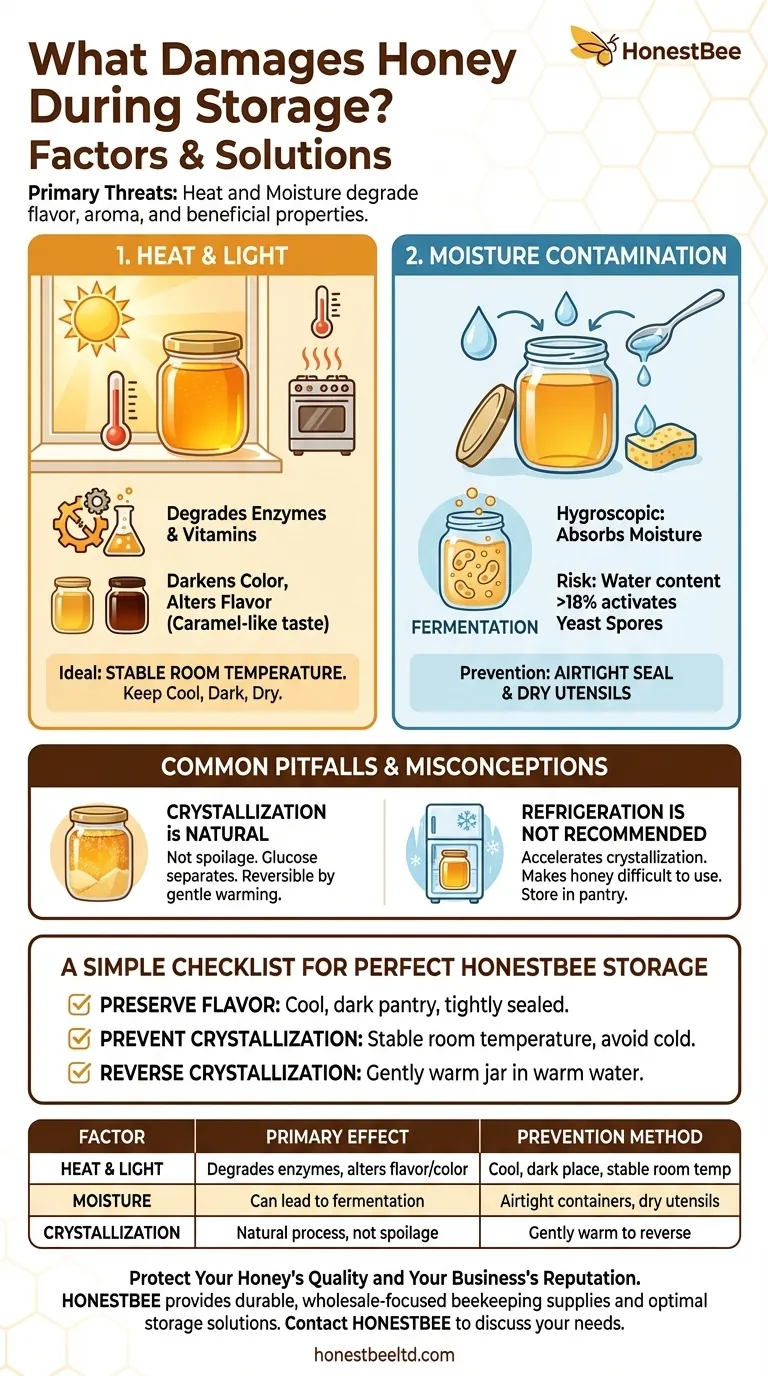 What are the main factors that can damage honey during storage? Preserve Flavor and Quality Visual Guide