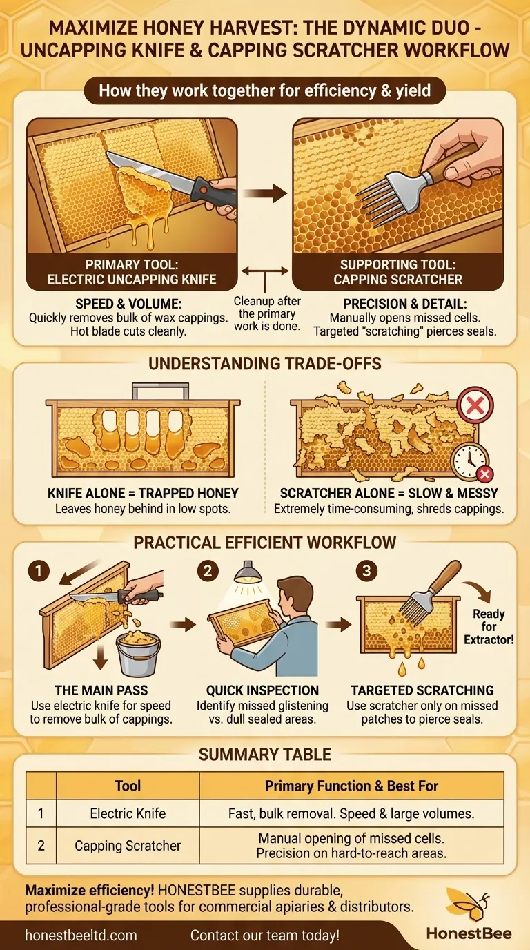 How can a capping scratcher be used with an electric knife? Boost Efficiency and Honey Yield Visual Guide