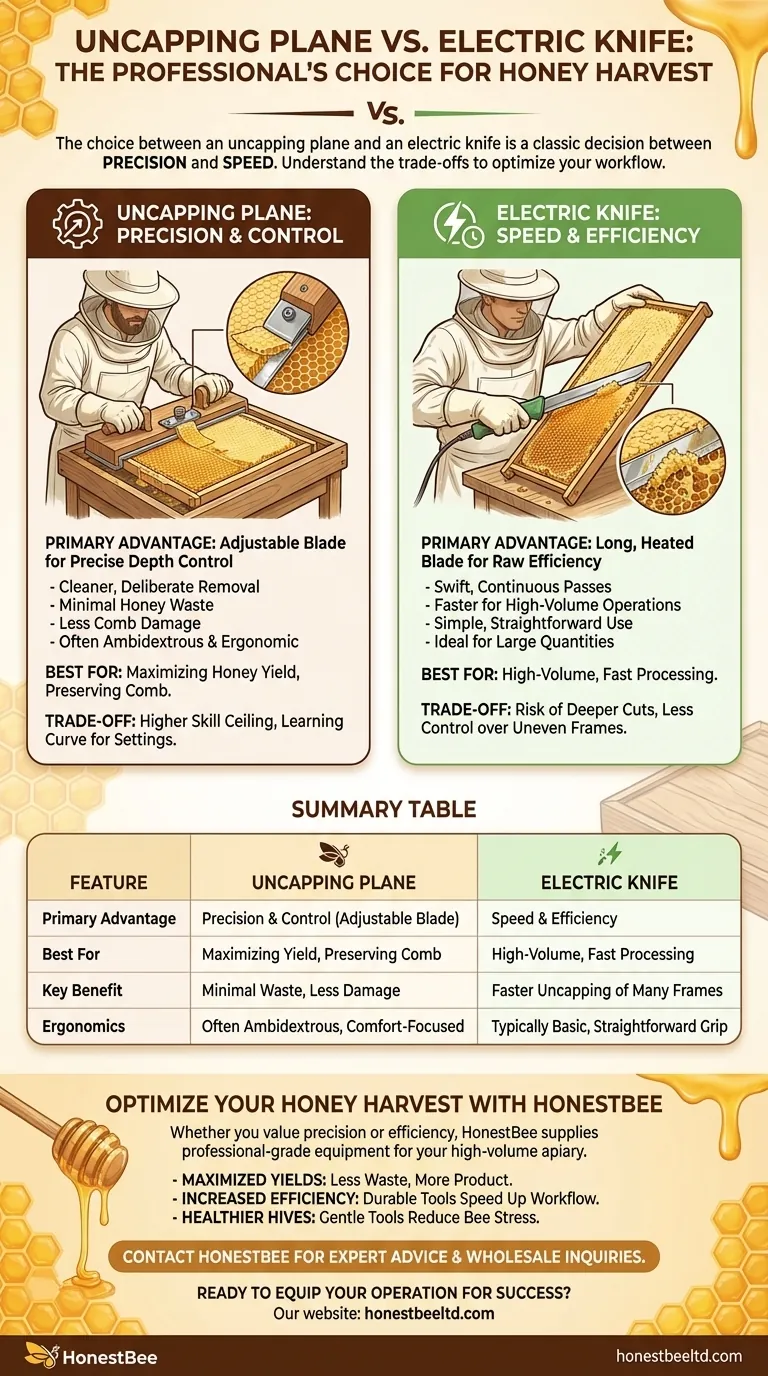 What is the advantage of an uncapping plane over an electric knife? Precision Cutting for Less Honey Waste Visual Guide