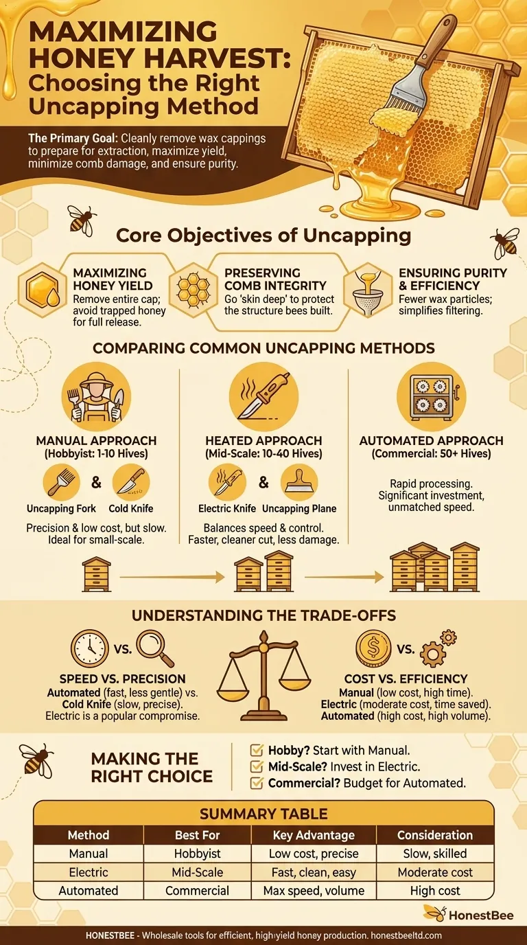 ¿Cuál es el objetivo principal al elegir un método de desencapado? Maximizar el rendimiento de miel y la integridad del panal Guía Visual