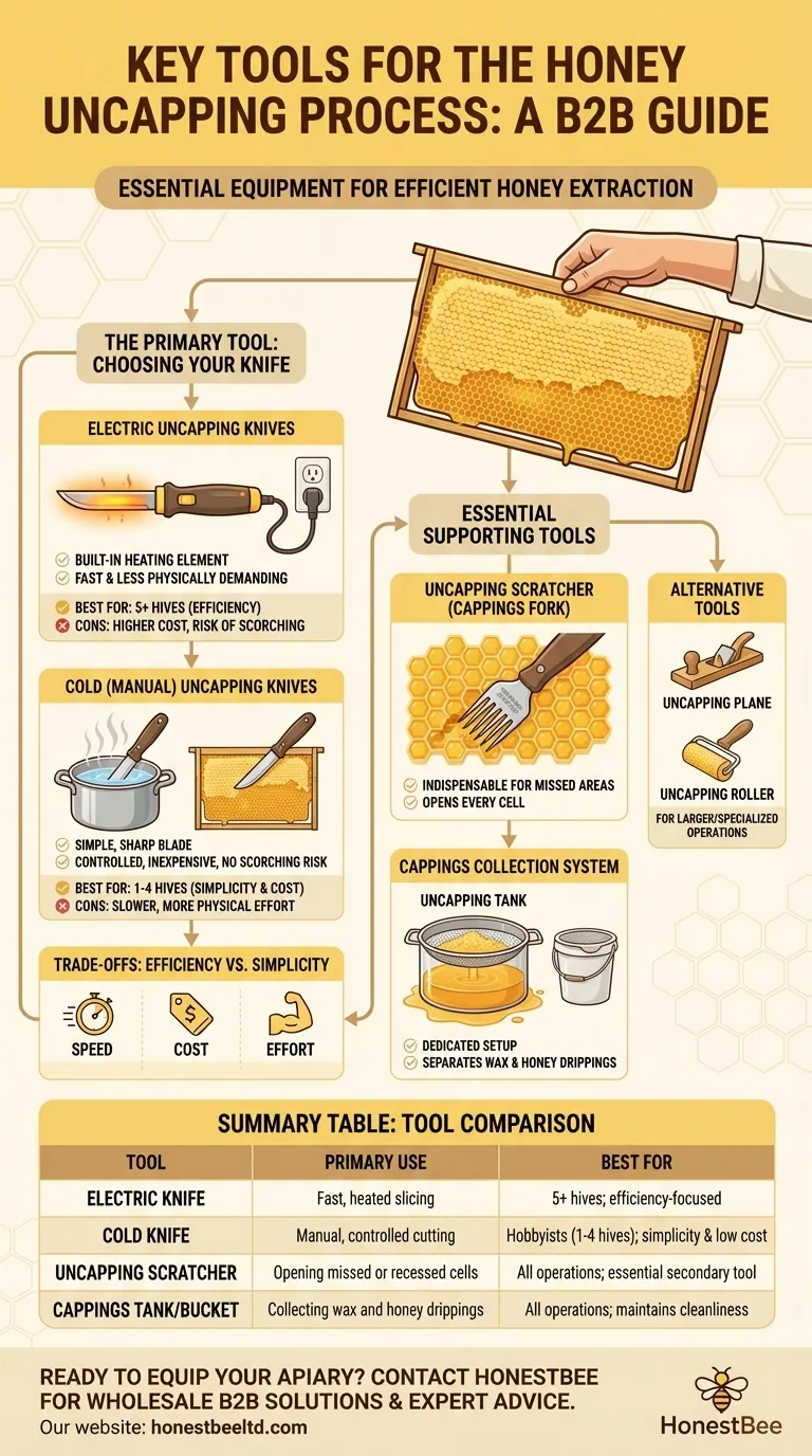 What are the key tools needed for the uncapping process? A Guide to Efficient Honey Harvesting Visual Guide