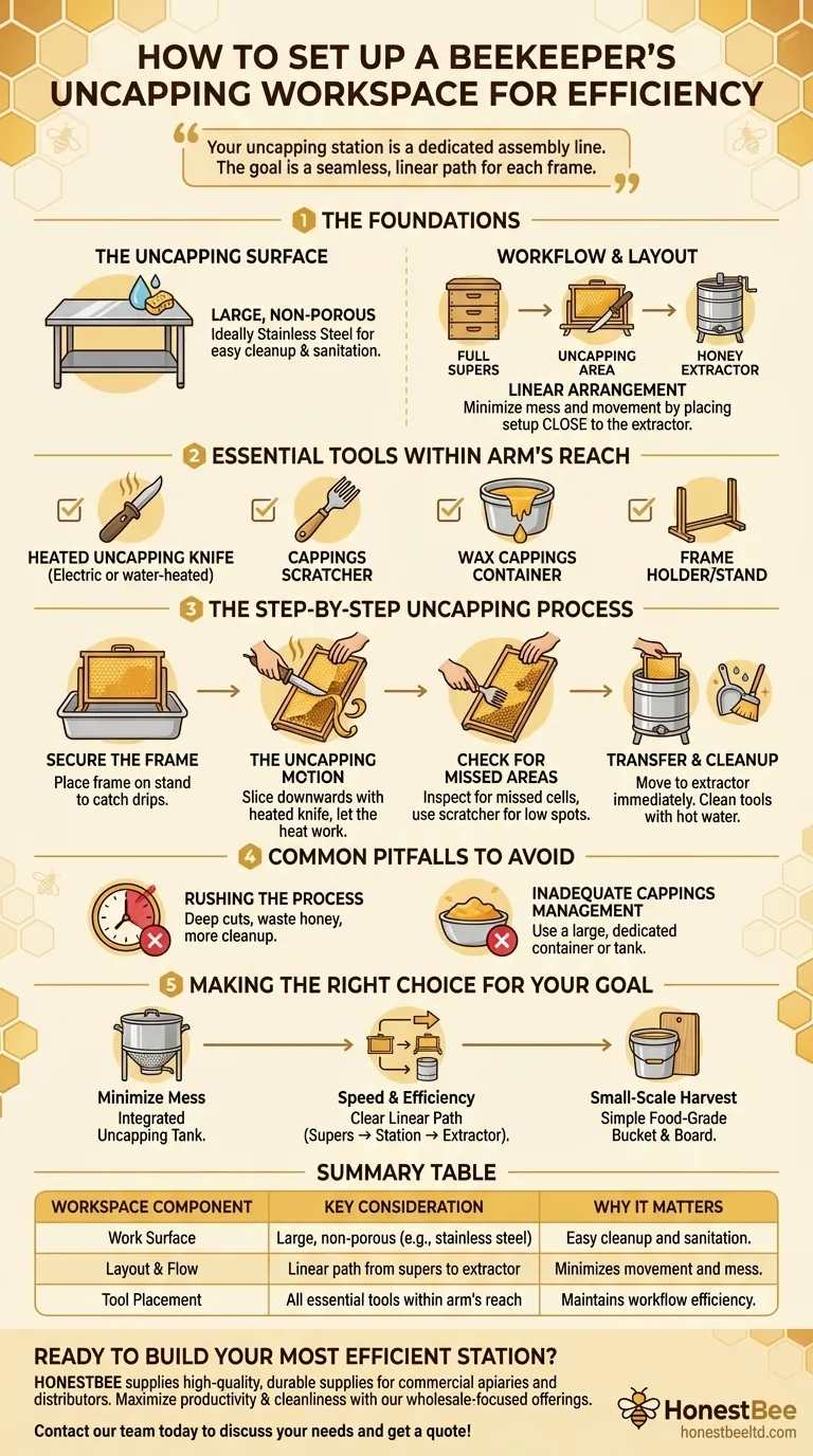 How should a beekeeper set up their workspace for uncapping? Create an Efficient & Clean Harvesting Station Visual Guide