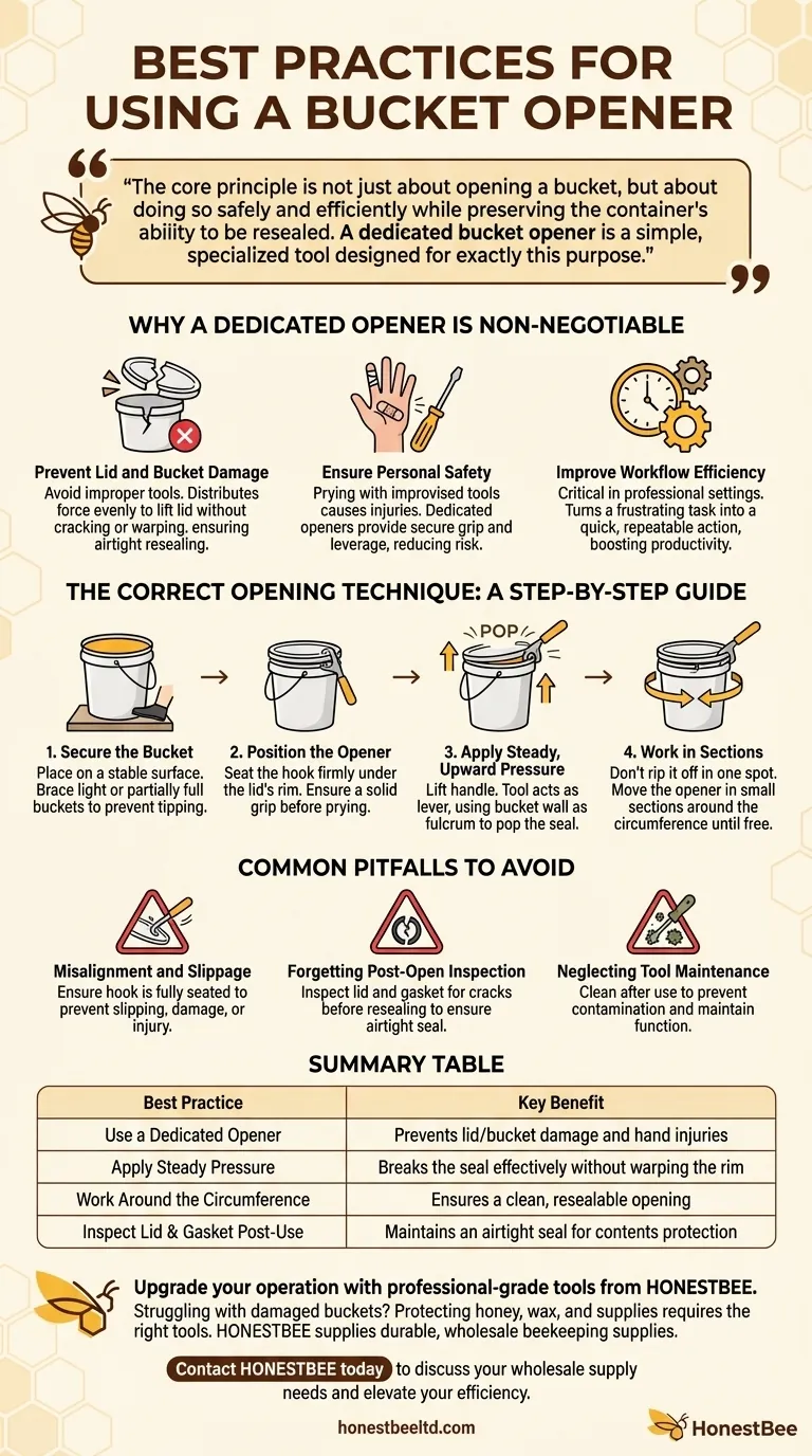 What are the best practices for using a bucket opener? Open Buckets Safely & Efficiently Visual Guide