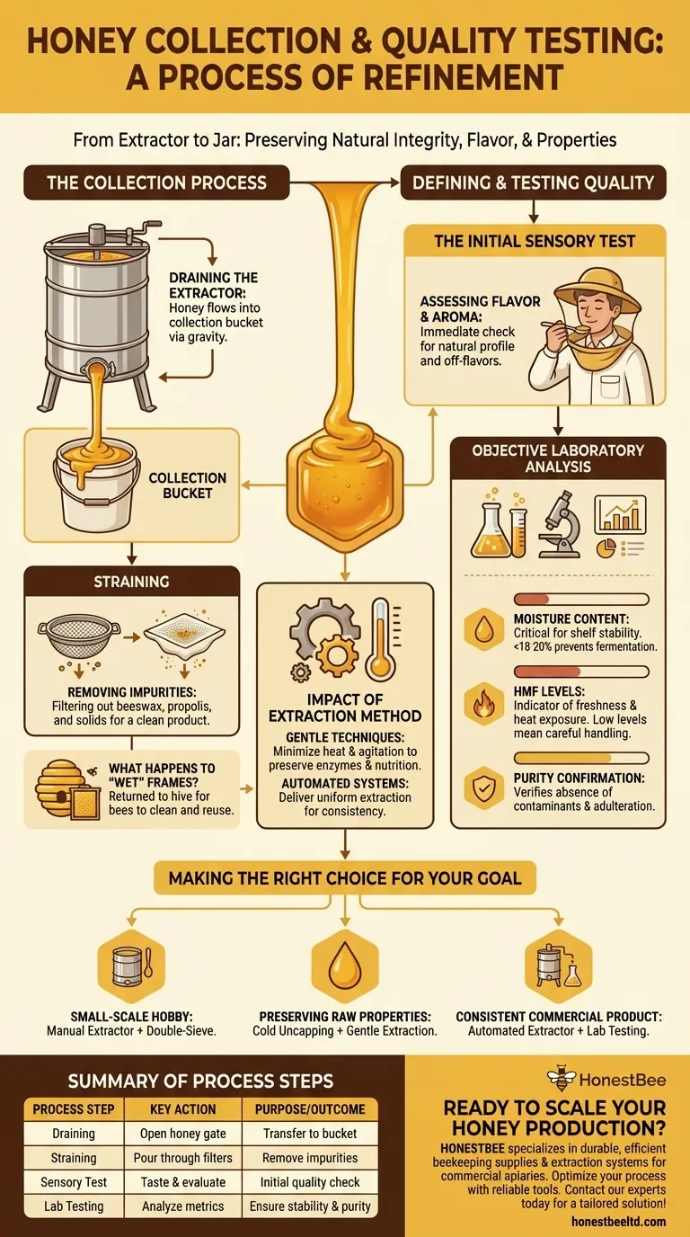 How is the extracted honey collected and tested for quality? A Guide to Purity and Consistency Visual Guide