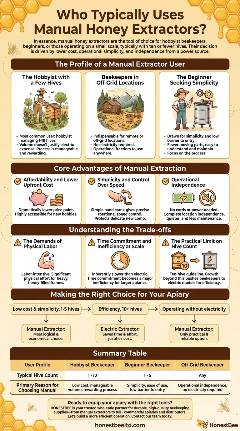 Who typically uses manual honey extractors? Ideal for Small-Scale & Hobbyist Beekeepers Visual Guide