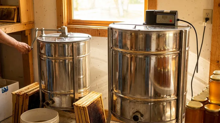 What factors should be considered when choosing between an electric and a manual honey extractor?