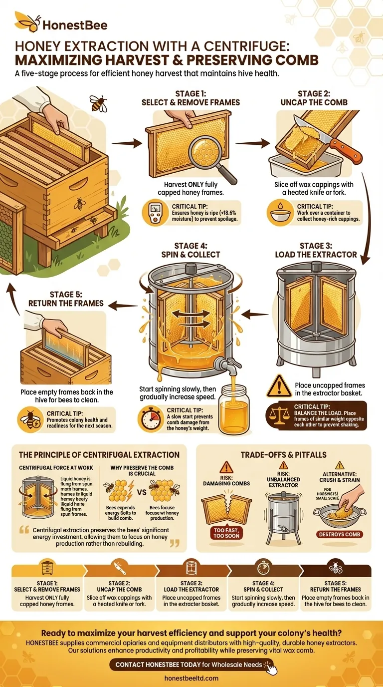 ما هي خطوات استخراج العسل باستخدام جهاز الطرد المركزي؟ دليل للحصاد الفعال الذي يحافظ على الأقراص الشمعية دليل مرئي