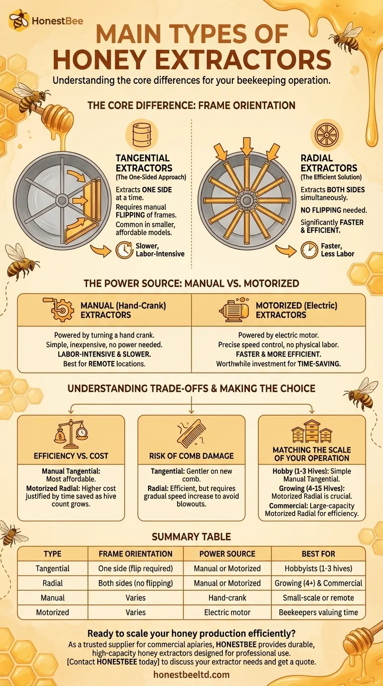 What are the main types of honey extractors? Choose the Right Extractor for Your Apiary Visual Guide