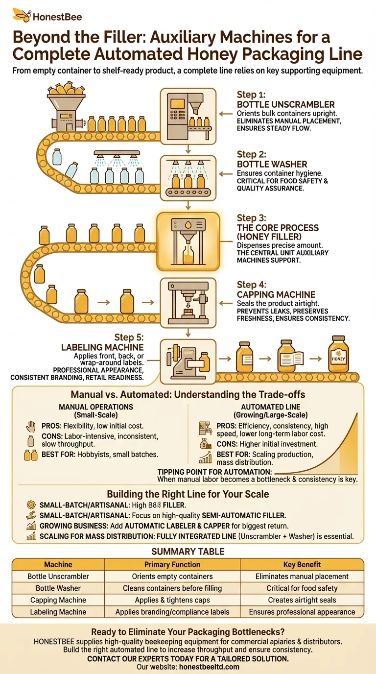 Какие вспомогательные машины используются с наполнителями для меда? Постройте полную автоматизированную упаковочную линию Визуальное руководство