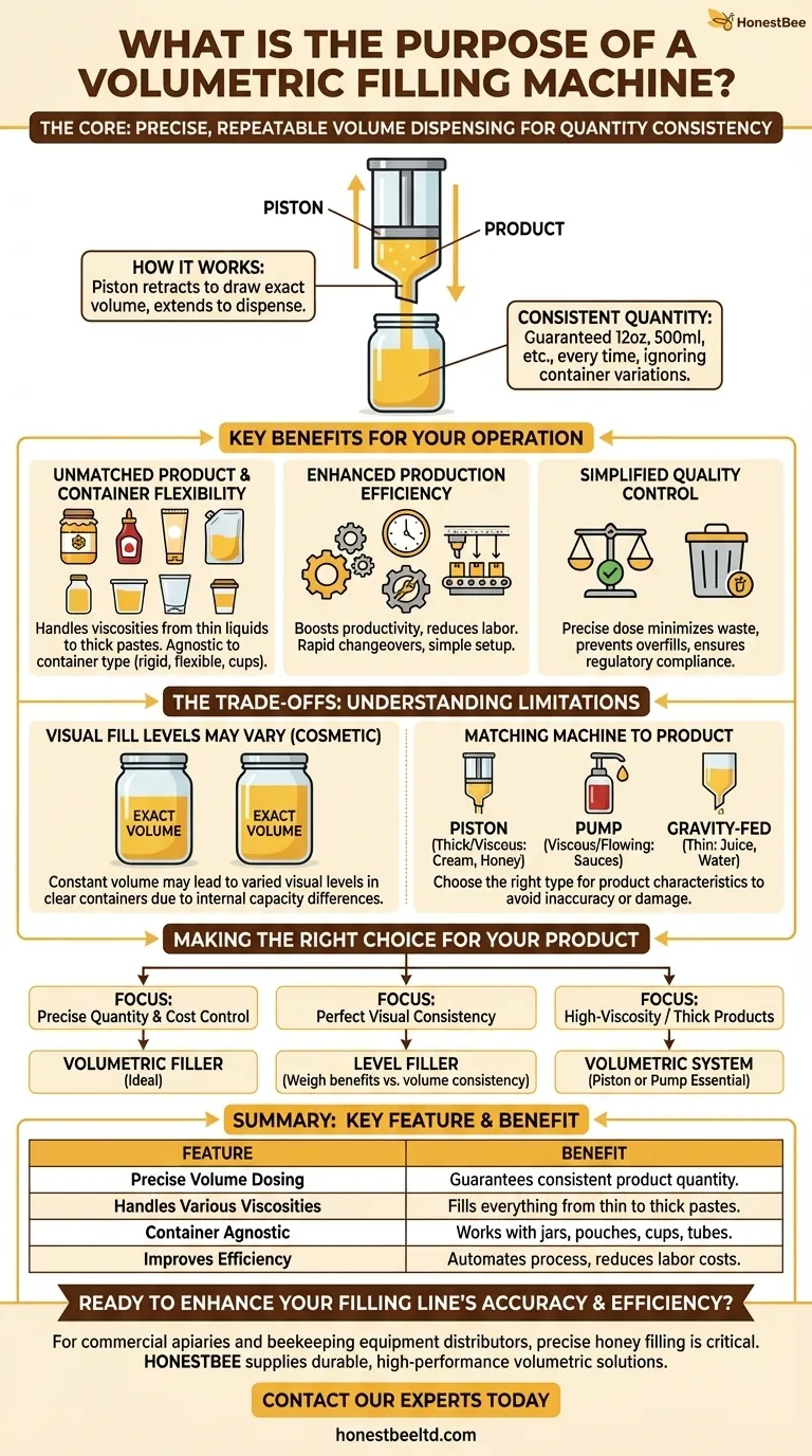 What is the purpose of a volumetric filling machine? Achieve Precise, Repeatable Product Dosing Visual Guide