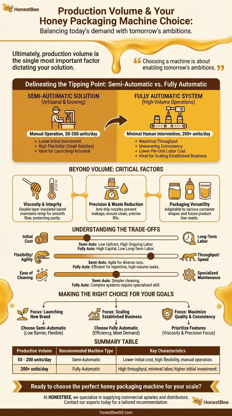 How does production volume influence the choice of a honey packaging machine? Scale Your Operation Efficiently Visual Guide