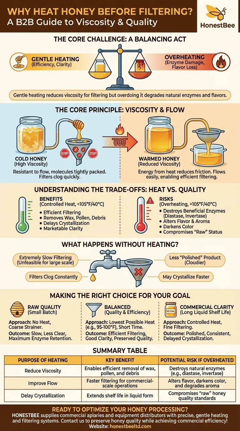 꿀을 여과하기 전에 가열해야 하는 이유는 무엇일까요? 점도를 낮춰 더 맑고 판매 가능한 꿀을 만들기 위해서입니다 시각적 가이드
