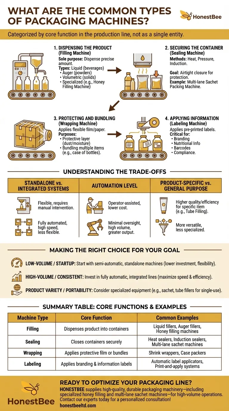 Quali sono i tipi comuni di macchine per l'imballaggio? Una guida al riempimento, alla sigillatura, all'avvolgimento e all'etichettatura Guida Visiva