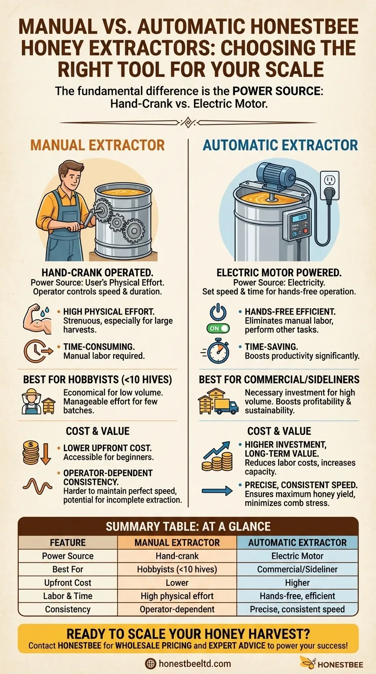 How do manual and automatic honey extractors differ? Choose the Right Tool for Your Beekeeping Scale Visual Guide