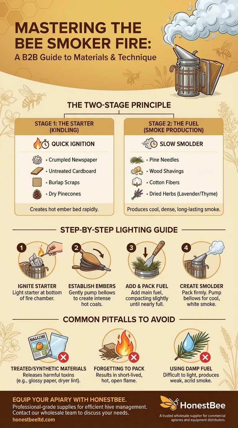 Quali materiali possono essere usati per accendere un fuoco in un affumicatore per api? Padroneggiare il processo a due fasi per arnie calme Guida Visiva