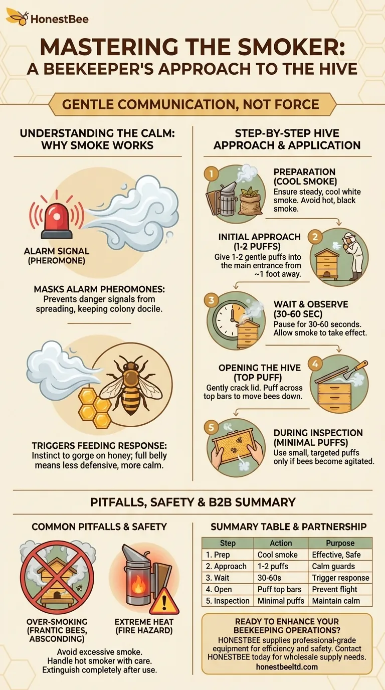 How should a beekeeper approach the hive when using a smoker? Master Gentle Techniques for Calm Inspections Visual Guide