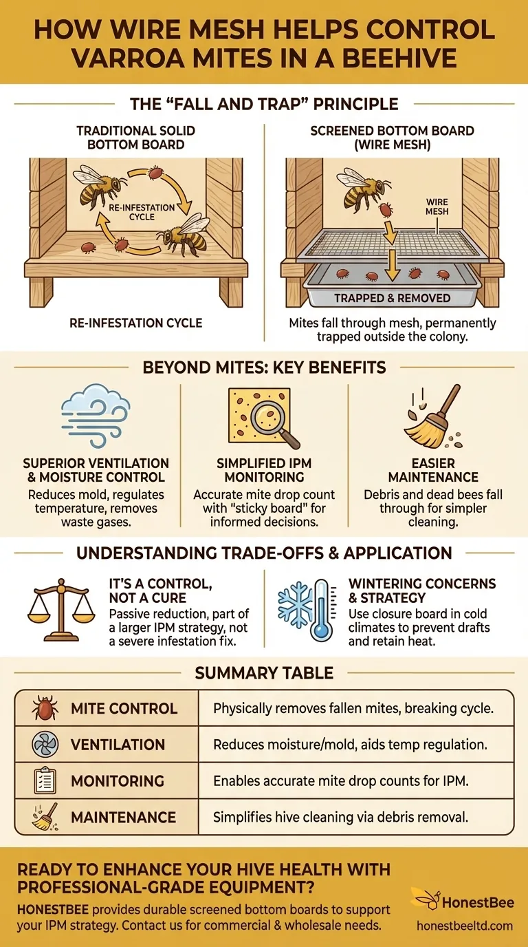 How does wire mesh help control varroa mite infestations? A Beekeeper&#039;s Guide to Passive Mite Control Visual Guide