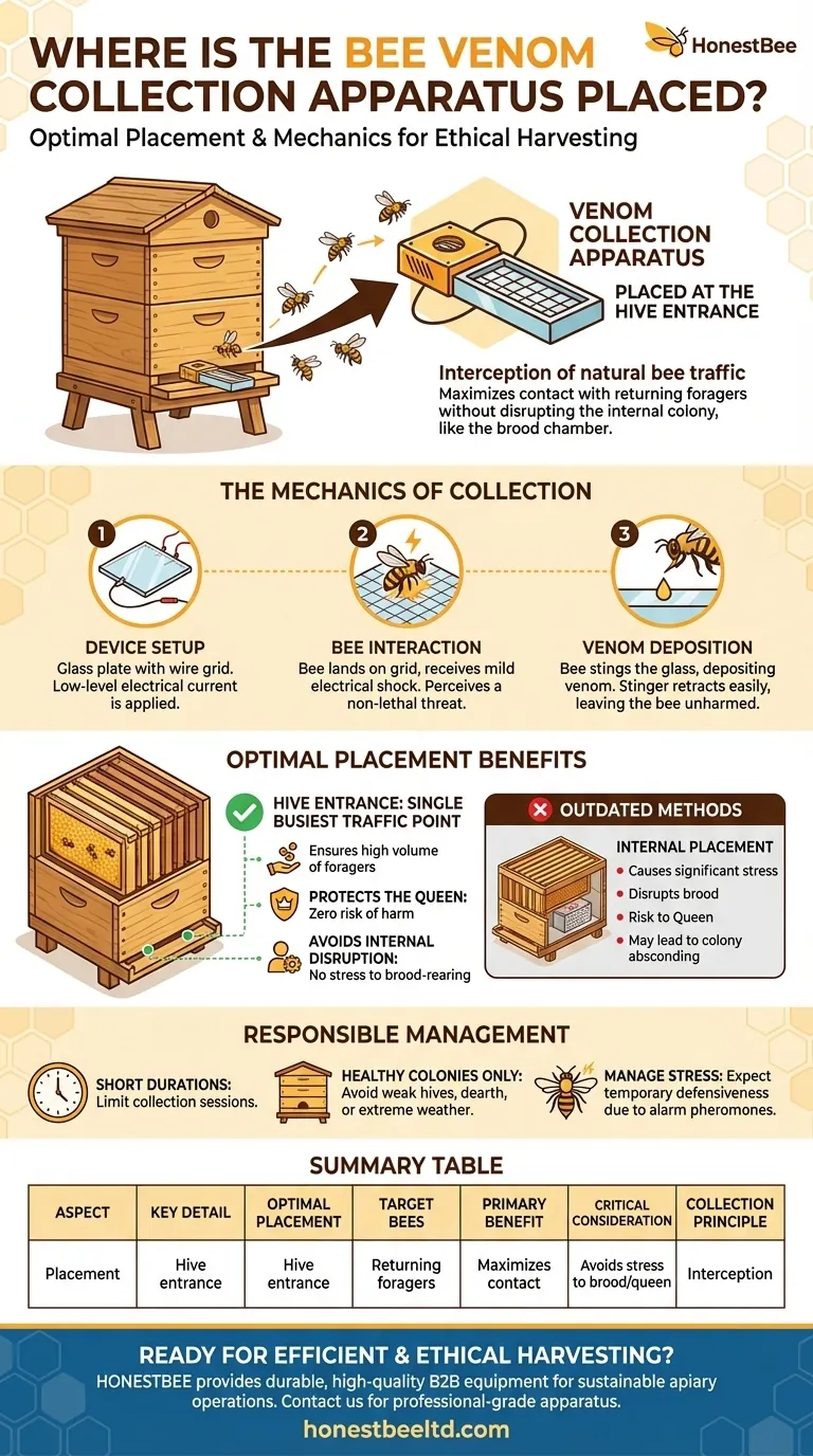 Où est placé l'appareil de collecte de venin dans une colonie d'abeilles ? Optimiser le rendement à l'entrée de la ruche Guide Visuel