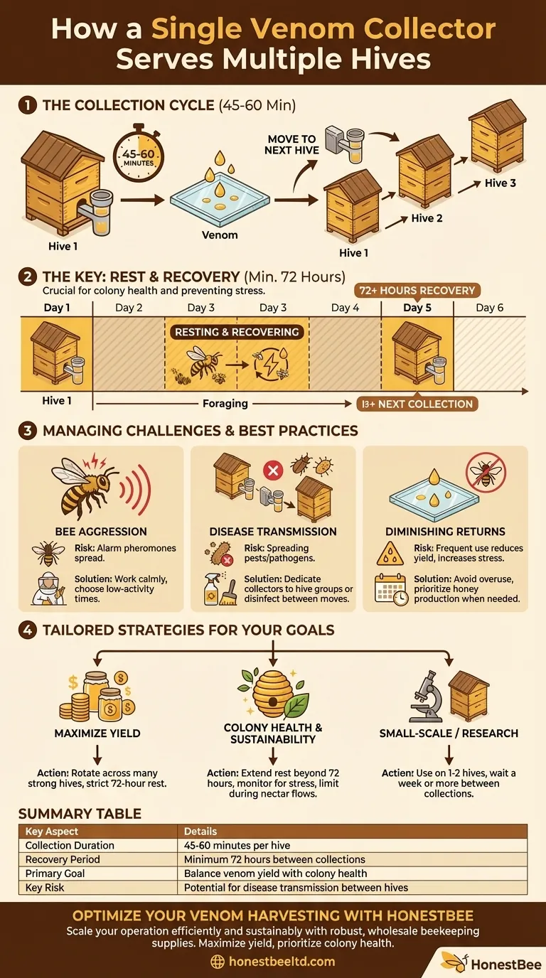 Come viene utilizzato l'apparato di raccolta del veleno su più alveari? Una guida per una rotazione efficiente e la salute delle api Guida Visiva