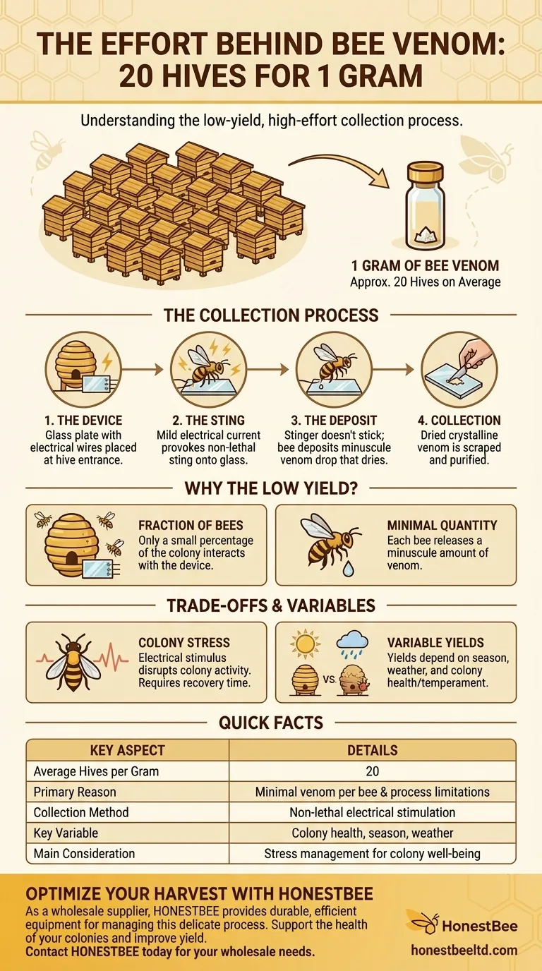 How many hives are needed on average to collect 1 gram of bee venom? A Guide to Low-Yield Harvesting Visual Guide