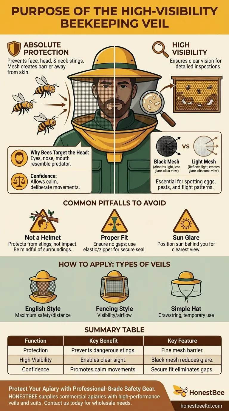 What is the purpose of the high visibility veil on the beekeeping hat? Ensure Maximum Safety and Clarity Visual Guide