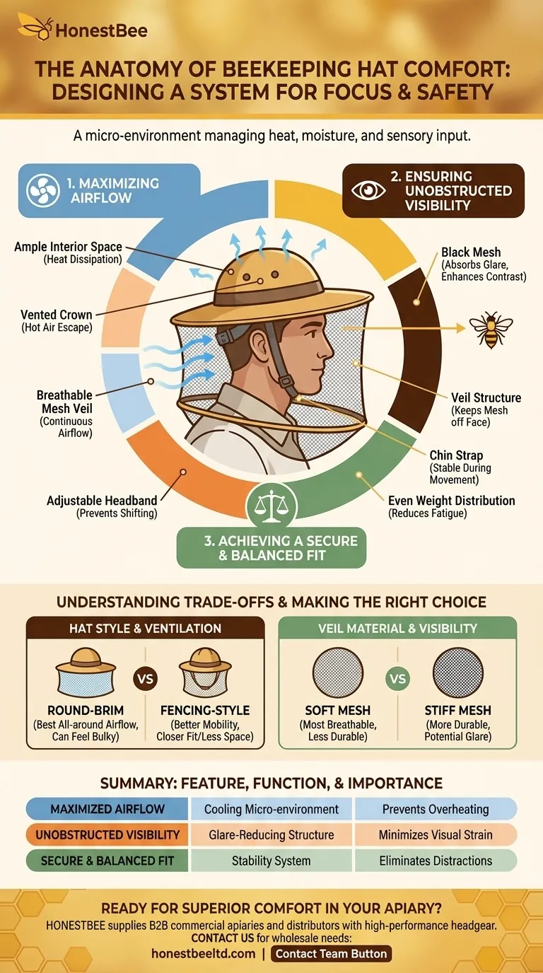 How does the design of the beekeeping hat ensure comfort during extended use? Maximize Comfort for Long Apiary Hours Visual Guide