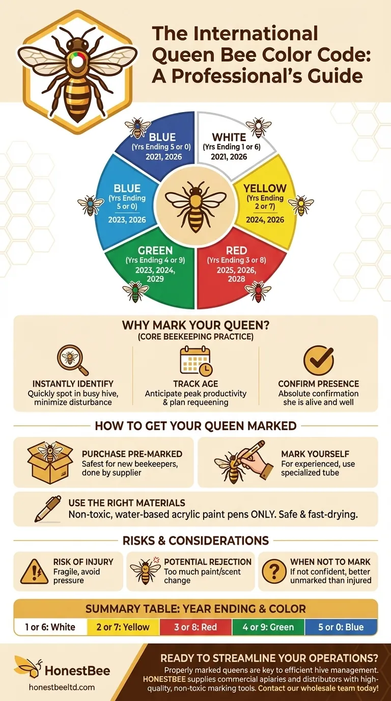 What colors are used to mark queen bees based on the year number? A Simple Guide to the International Color Code Visual Guide