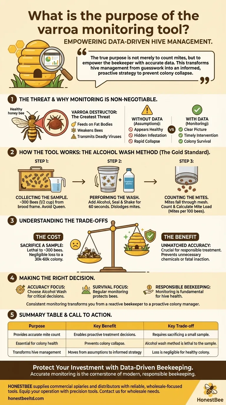 What is the purpose of the varroa monitoring tool? From Guesswork to Data-Driven Hive Management Visual Guide