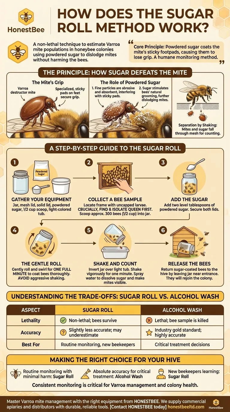 How does the sugar roll method work? A Humane Way to Monitor Varroa Mites Visual Guide