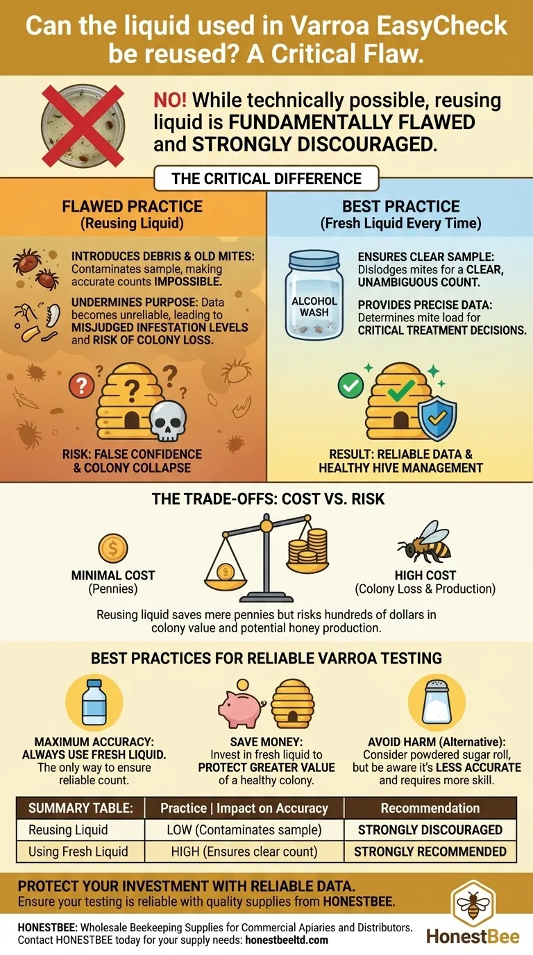 Can the liquid used in Varroa EasyCheck be reused? Avoid Inaccurate Mite Counts and Protect Your Hives Visual Guide