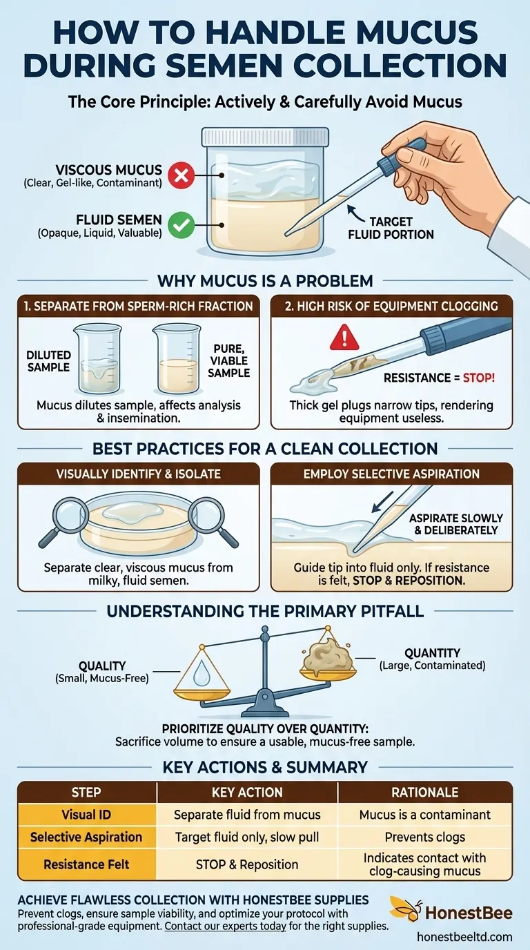 Come deve essere gestita la mucosa presente durante la raccolta dello sperma? Evitare ostruzioni e garantire la qualità del campione Guida Visiva