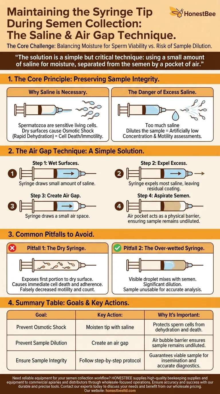 How should the syringe tip be maintained during semen collection? Prevent Sample Dilution and Osmotic Shock Visual Guide