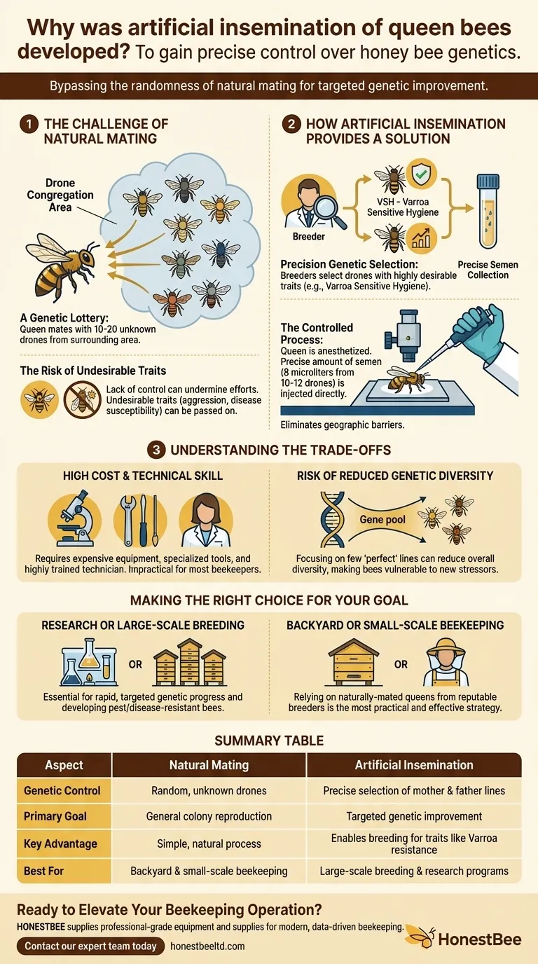 Perché è stata sviluppata l'inseminazione artificiale delle api regine? Per ottenere un controllo preciso sulla genetica delle api Guida Visiva